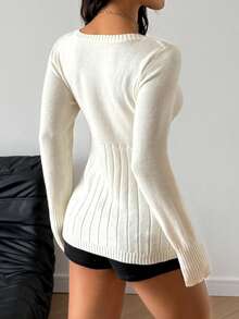 StreetHx Petite Women's Solid Color Button Decor U-Neck Casual Long Sleeve Sweater Top, Autumn/Winter