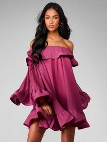 MISSGUIDED 露肩迷你连衣裙，荷叶边喇叭袖，飘逸柔美，适合派对和晚宴穿着 - 紫色 - 查看 3