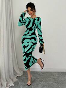 Elenzga Women's Pattern Flared Sleeve Round Neck Fitted Knit Dress - Mint Green - View 5