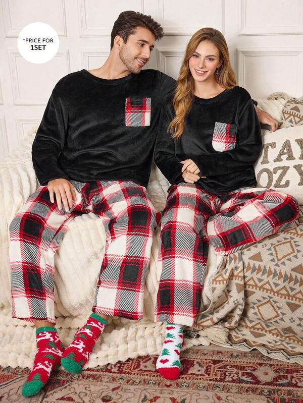 CoupledUp Conjunto de pijama cómodo con estampado de cuadros escoceses para hombre