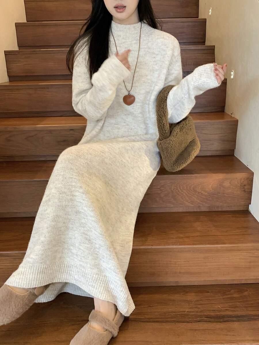 DAZY 女士休闲宽松圆领长袖混纺连衣裙 - 米色 - 查看 1