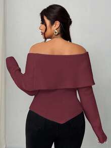 Elenzga Sweater Rajut Pendek Ukuran Plus Wanita Elegan untuk Sehari-hari, Model Bahu Terbuka, Warna Polos, Kerah Syal, Lengan Panjang, Dekorasi Rhinestone Logam, Model Kerut, Pas Badan, Musim Gugur - Burgundy - View 4