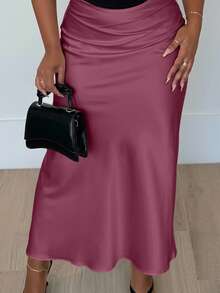 Alexandranx High Waist Solid Maxi Satin Skirt Burgundy Color Women Outfit - Burgundy - View 3