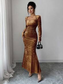 Elenzga Váy ôm body co giãn nhung vàng cổ lọ thời trang thu đông cho nữ, váy midi nhún eo thanh lịch viền đuôi cá cho đi làm và những dịp trang trọng - màu nâu - Xem 6