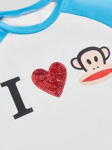 Paul Frank X ROMWE Women's Subculture Casual Monkey Print Raglan Sleeve Slim Fitted T-Shirt - Blue - View 4