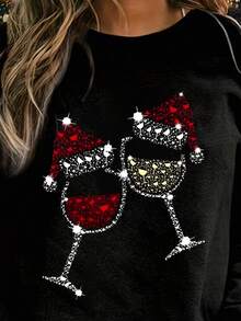 EMERY ROSE 女士圣诞帽和酒杯印花圆领长袖卫衣 - 黑色 - 查看 3