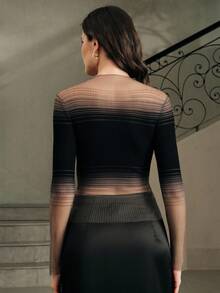 Anewsta Women's Contrast Color Gradient Turtleneck Long Sleeve T-Shirt, Slimming Top - Black - View 2