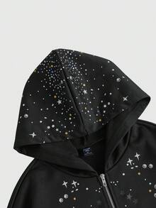ROMWE MEN Street Life Men's Casual Fashion Street Rhinestone Print Zip-Up Hoodie Sweatshirt, Spring/Autumn, Long Sleeve Top - Black - View 4