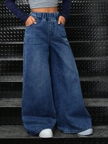 SHEIN 少女款松紧腰带口袋阔腿宽松休闲牛仔裤 - 深色水洗藍 - 查看 6