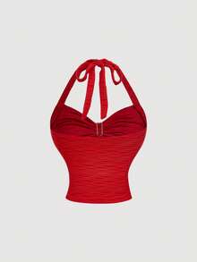 SHEIN MOD 2件套 女士提花面料 金属花朵装饰 吊带上衣和裙子 - 紅色 - 查看 7