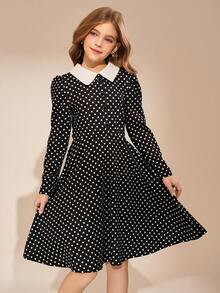 Rochie evazată cu buline și talie pentru fete, guler cămașă, linie A, potrivită pentru Crăciun, toamnă/iarnă - Alb-negru - Vizualizare 1