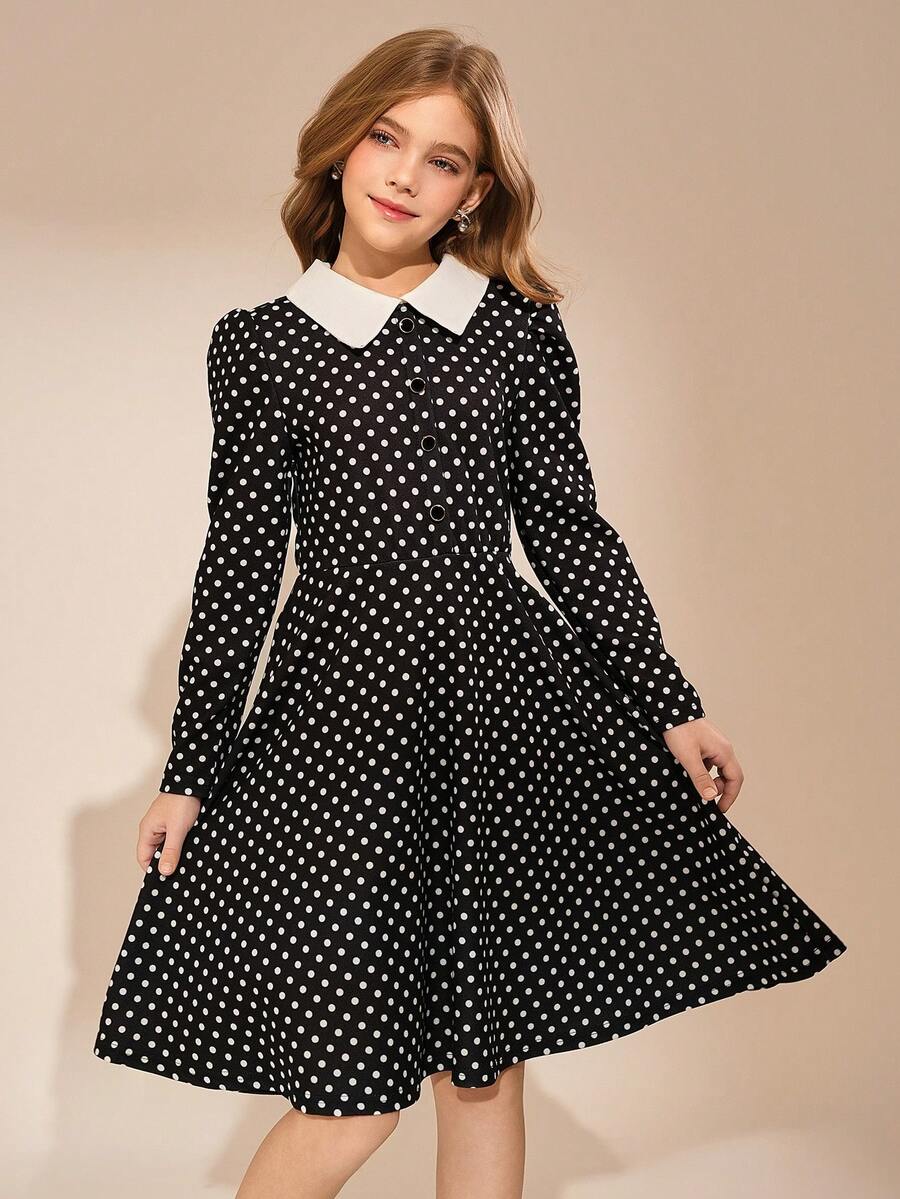 Rochie evazată cu buline și talie pentru fete, guler cămașă, linie A, potrivită pentru Crăciun, toamnă/iarnă - Alb-negru - Vizualizare 1