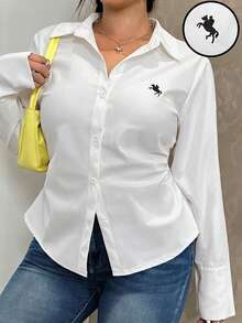 SHEIN EZwear Áo cánh trắng thêu xếp ly tay dài cỡ lớn cho nữ - trắng - Xem 4