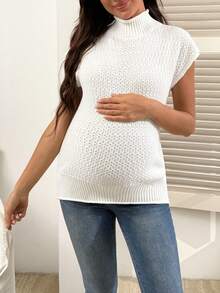 SHEIN Chaleco de punto sin mangas con cuello alto para maternidad, unicolor - Beis - Ver 4