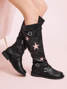 CUCCOO DOLLMOD Women's Mid-Calf Boots With Star & Heart Buckle Decor, Cute & Versatile - Black - View 1