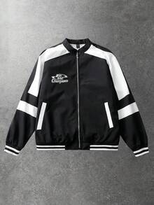 ROMWE MEN Casual 男女通用休闲长袖夹克，印有英文图案，街头风格美式夹克 - 黑色 - 查看 3