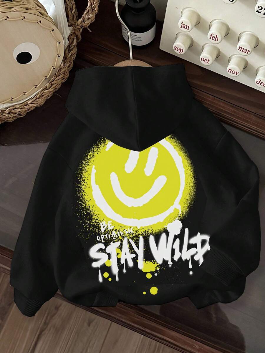 男童休闲卡通图案宽松长袖卫衣，适合秋冬季穿着 - 黑色 - 查看 1