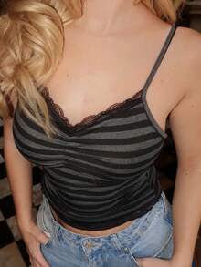 Turnttoni Black & Gray Stripe Lace Trim Camisole Top - Dark Grey - View 3