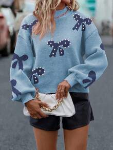 EMERY ROSE Suéter casual com laço e pérolas, ideal para outono/inverno. - Azul - Ver 6
