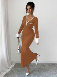 Elenzga 여성 패셔너블 엘레강스 V넥 러플 스웨터 드레스