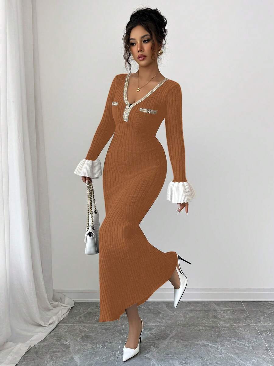 Elenzga Vestido de suéter con cuello en V y volantes elegante y de moda para mujer - Café integral - Ver 1