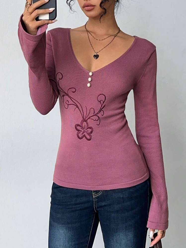 Flirla Áo len tay chuông thêu hoa thanh lịch dành cho nữ - Màu đỏ tím - Xem 6