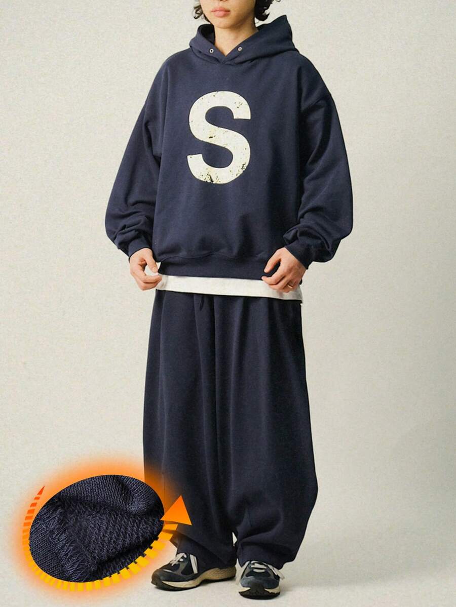 DAZY Men's Letter Print Loose Fit Hoodie Set, Navy Blue, Autumn - Navy Blue - View 1