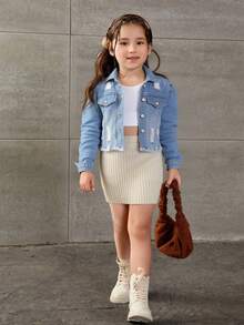 SHEIN 少女蓝色牛仔破洞宽松翻领长袖短夹克 - 中等水洗藍 - 查看 2