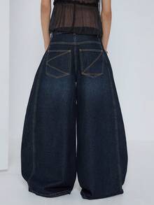 COUREZ Quần jeans ống rộng cạp thấp kiểu skater với đường may phía trước / Phong cách đường phố Y2K, quần jeans rộng thùng thình dễ thương cho mùa xuân và kỳ nghỉ. - Rửa tối - Xem 3