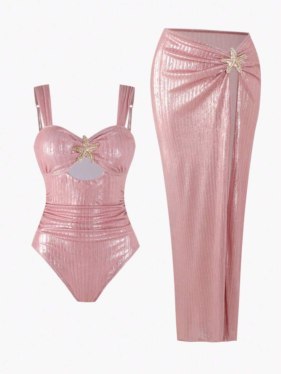 Swim Oasis 夏季新款女士连体泳衣套装（2件套），金属海星亮片面料连体泳衣及半裙，沙滩度假粉色亮片泳衣，水钻泳衣，两件套闪亮泳衣，两件套裹身裙泳衣，粉色闪亮水钻两件套半裙套装 - 粉色 - 查看 1