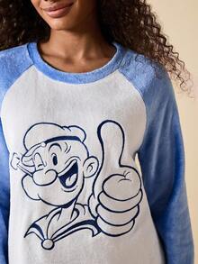 Popeye X SHEIN Women's Comfortable Cartoon Pattern Contrast Color Raglan Sleeve Top And Pants Pajama Set, Autumn Warm Flannel Pajama Set Loungewear Set , Fluffy Cozy Winter Clothes - Blue - View 6
