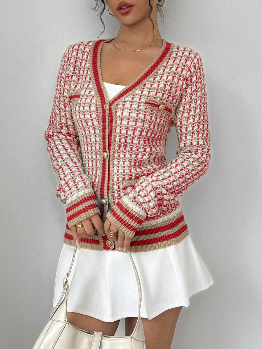 Xyvia Áo khoác cardigan dệt kim đơn hàng ngày, tay dài, họa tiết kẻ caro, dành cho nữ, mùa thu/đông - Đỏ - Xem 1
