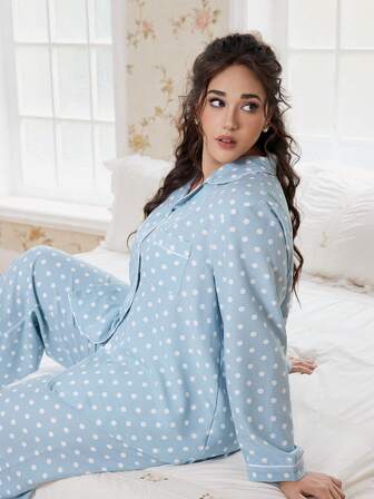 CottageSlumber Büyük Beden Kabarcıklı Buruşuk Puantiyeli Baskılı Yaka Uzun Kollu Üst ve Pantolon Pijama Takımı Puantiyeli Pijama Takımı Kadın Pijamaları Kadın Pijama Takımları Yumuşak Pijama Takımı Gecelik Kadın, Sonbahar ve Kış Giysileri