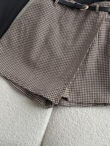 Franclia 休闲百搭打底衫，高领褶皱针织弹力长袖上衣/T恤搭配千鸟格半裙/长裤/短裤，女士秋冬两件套，优雅女士两件套，女士优雅上衣套装，女士新年两件套，棕色千鸟格两件套。 - 黑色 - 查看 6