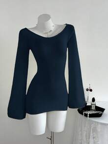 Elamini Women's Autumn/Winter Minimalist Sexy Open Back Flare Sleeve Fitted Sweater Dress - Navy Blue - View 3
