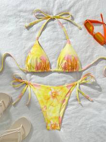 SHEIN Swim Women's Sexy Random Print Halter Tie Bikini Set, Summer - Yellow - View 1