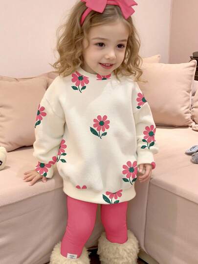 两件套女婴休闲复古碎花圆领长袖卫衣和打底裤套装，适合秋冬季穿着