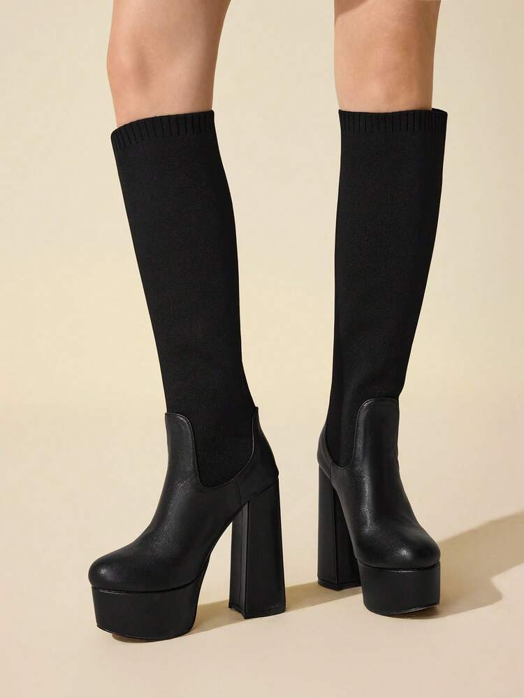 CUCCOO BASICS Bottes noires à plateforme épaisse et talon épais, au-dessus du genou, mode