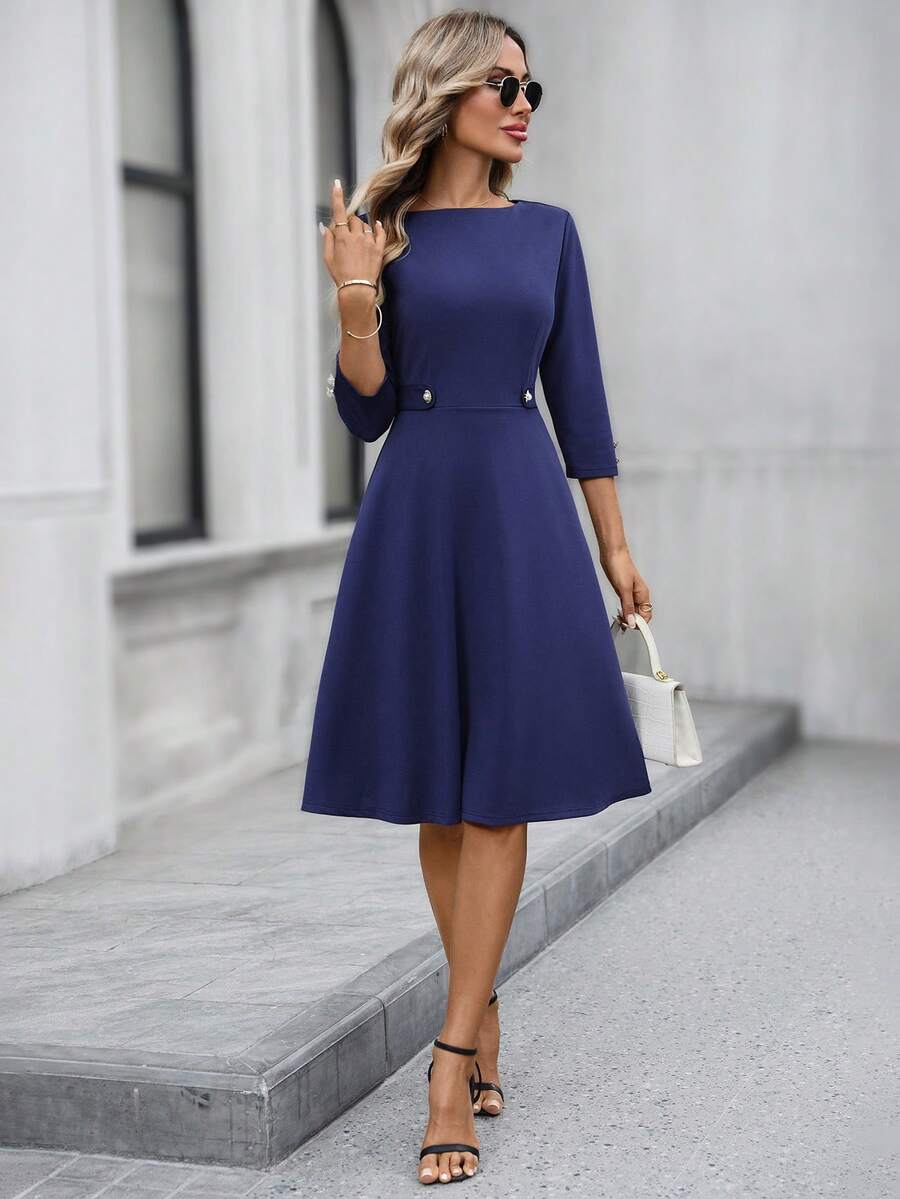 EMERY ROSE Váy dài ngang eo màu trơn thanh lịch dành cho nữ, thích hợp để đi làm - Màu xanh hải quân - Xem 1