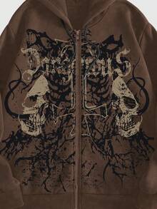 ROMWE MEN Goth 男士骷髅字母印花拉链连帽衫，长袖，适合上学、秋冬穿着