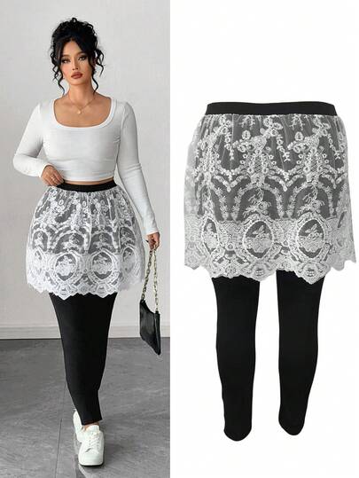 SHEIN Elenzya 大码女式蕾丝拼布打底裤，春秋新款蕾丝镂空打底裤裙，休闲优雅打底裤裙，适合日常穿着