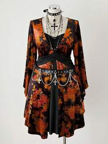 Sunspun Váy midi nhung họa tiết hoa thanh lịch cổ chữ V tay loe cỡ lớn - Nhiều màu - Xem 8