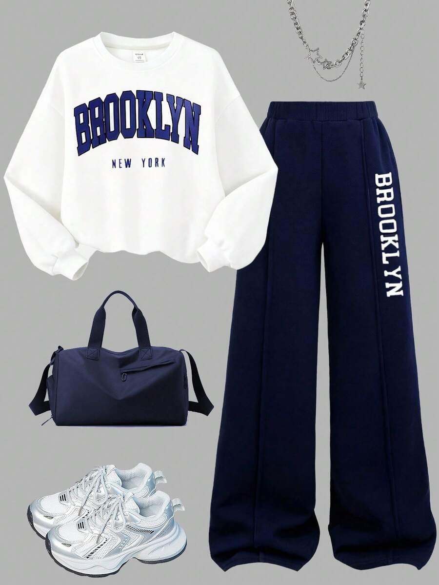 Girlism 少女秋冬白色宽松针织“原创”字母印花保暖内衬卫衣和宽松直筒运动裤两件套 - 藏蓝色 - 查看 1