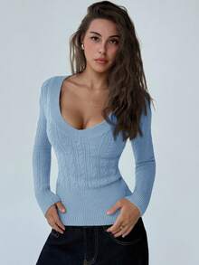 Aloruh Nuevo suéter de cuello en V profundo, de manga larga, ajustado y de punto de cable vintage. Parte superior de punto versátil para mujeres jóvenes en otoño/invierno