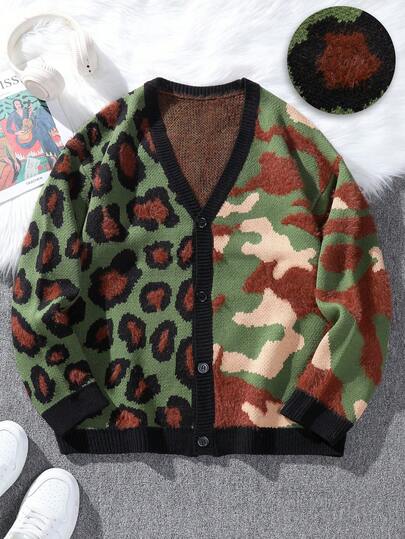 Claim Dot Men's Dropped Shoulder Long Sleeve Leopard Camo Knit Casual Cardigan, For Winter