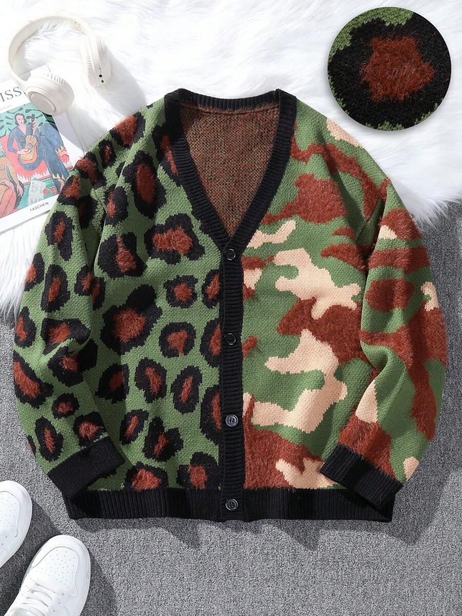 Claim Dot Men's Dropped Shoulder Long Sleeve Leopard Camo Knit Casual Cardigan, For Winter - Multicolor - View 1