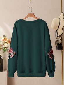 Lacomfia Plus Size Casual Solid Color Round Neck Patch Sleeve Loose Fit Sweatshirt, Spring & Autumn - Dark Green - View 2