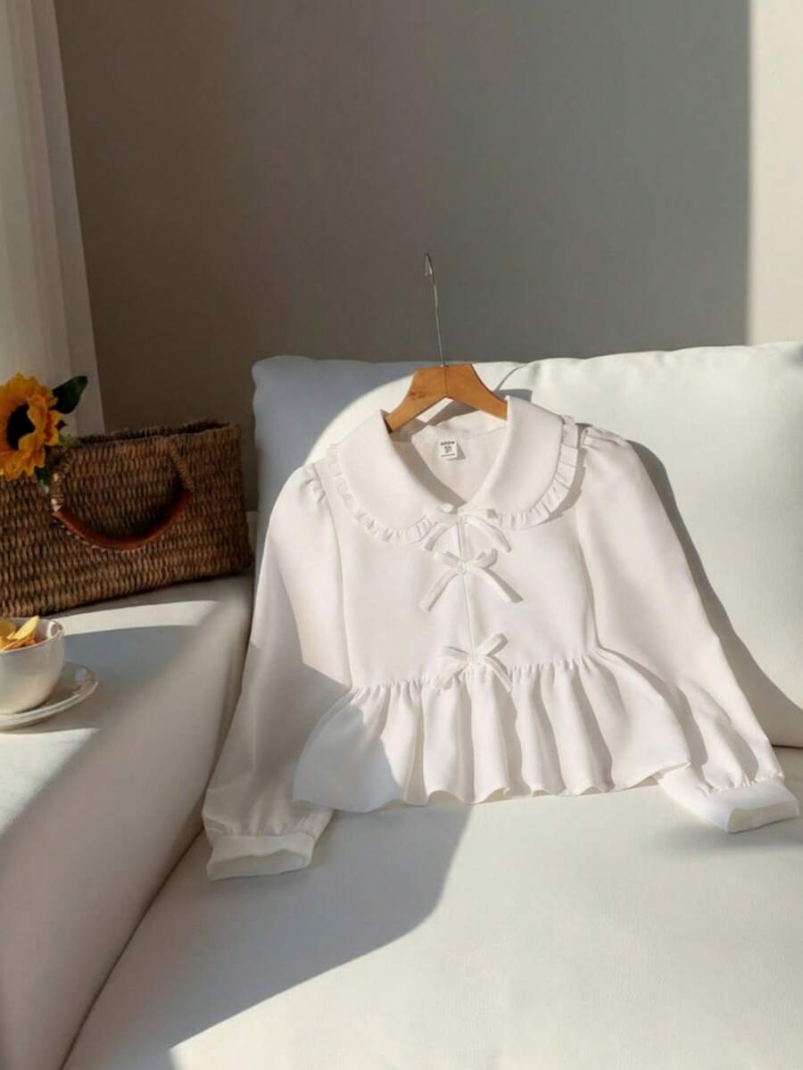 Tween Girls' White Fashion Elegant Cute Blouse For Tea Party School,Autumn Long Sleeve Casual Shirt With Frill Collar Decorative Bow,Minimalist - White - View 1
