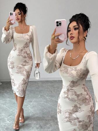 Rafferiza 女士优雅派对/节日方领束腰修身中长连衣裙，带 3D 花卉贴花，缎面袖子，杏色拼色