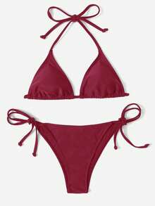 Swim Vcay Women's Solid Color Halter Tie Bikini Swimwear Set, Summer Beach Holiday Holiday Burgundy - Burgundy - View 2